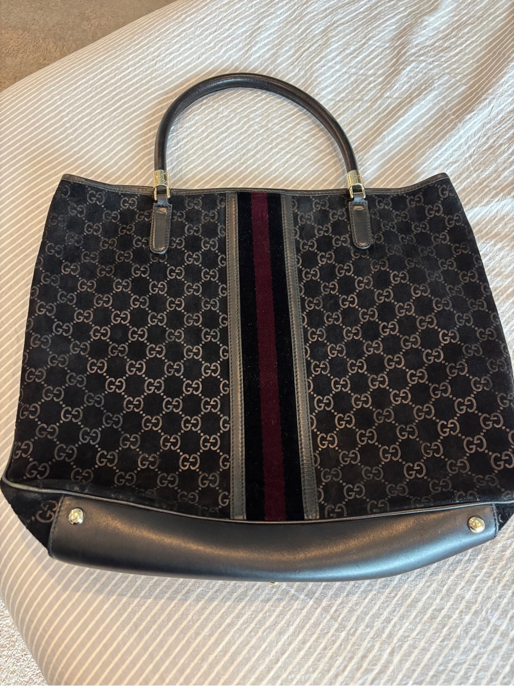 Gucci GG Canvas Tote with Burgundy-Black Web Stripe